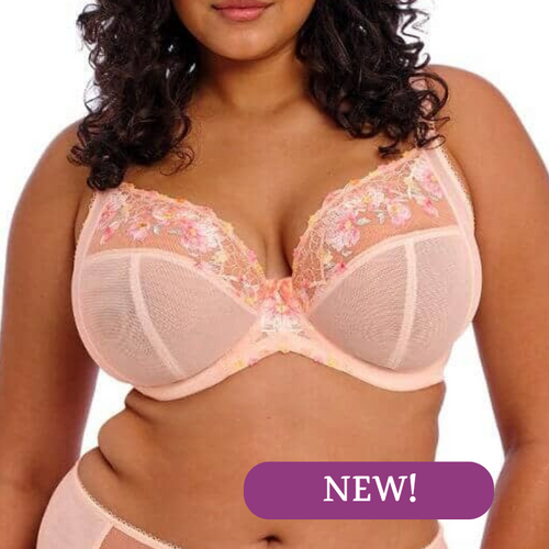 Model photo - blush pink plunger bra with a delicately embroidered floral design down the middle of the cups.